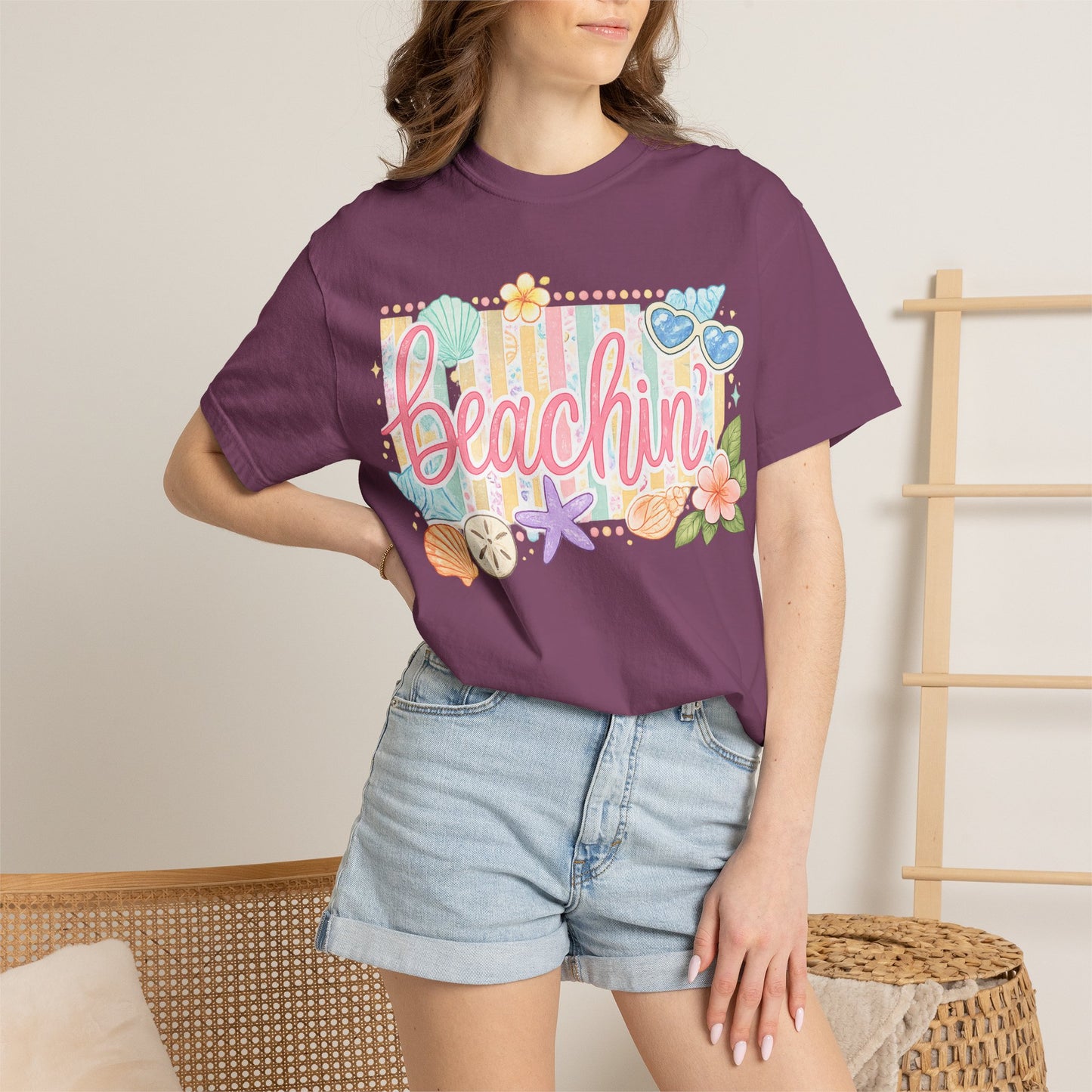 Beachin' T-Shirt — Tropical Summer Graphic Tee with Seashells & Sunglasses