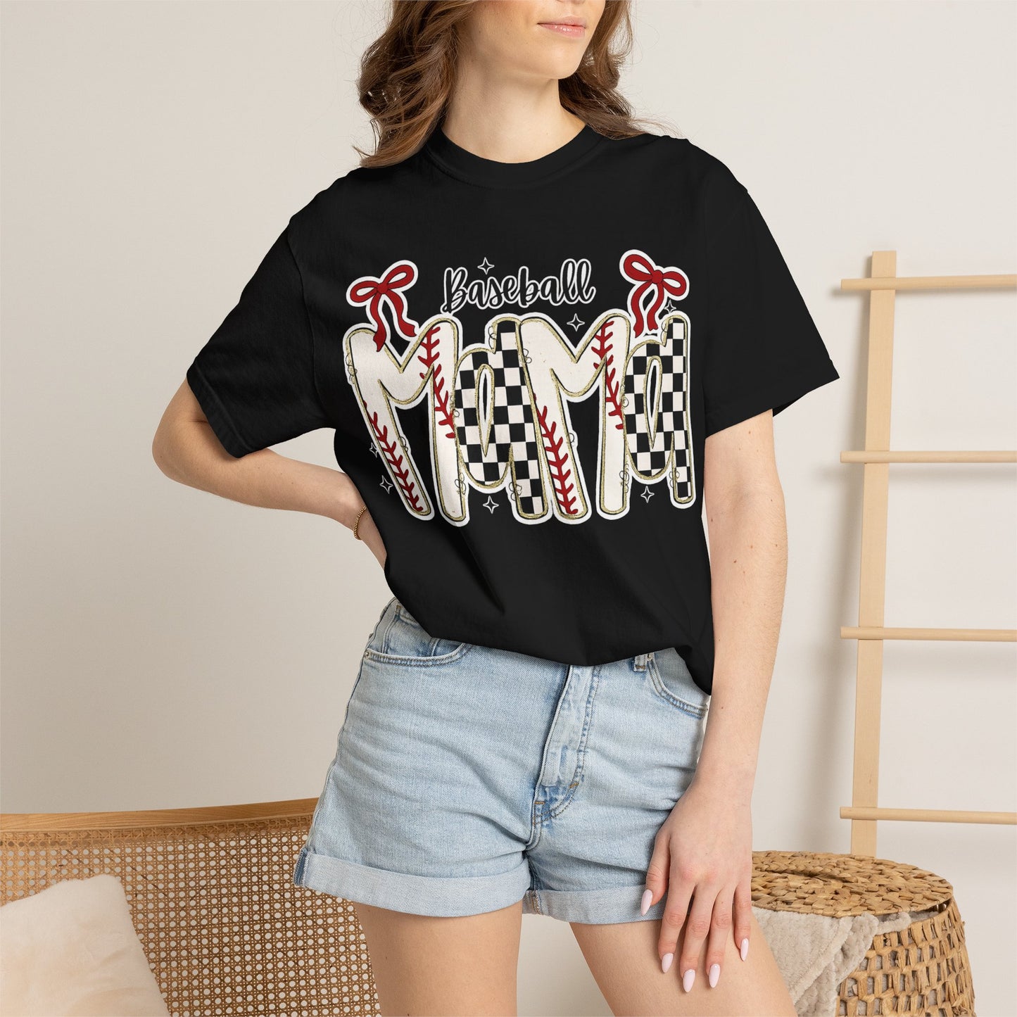 Baseball Mom T-Shirt — Vintage Checker & Stitch Graphic