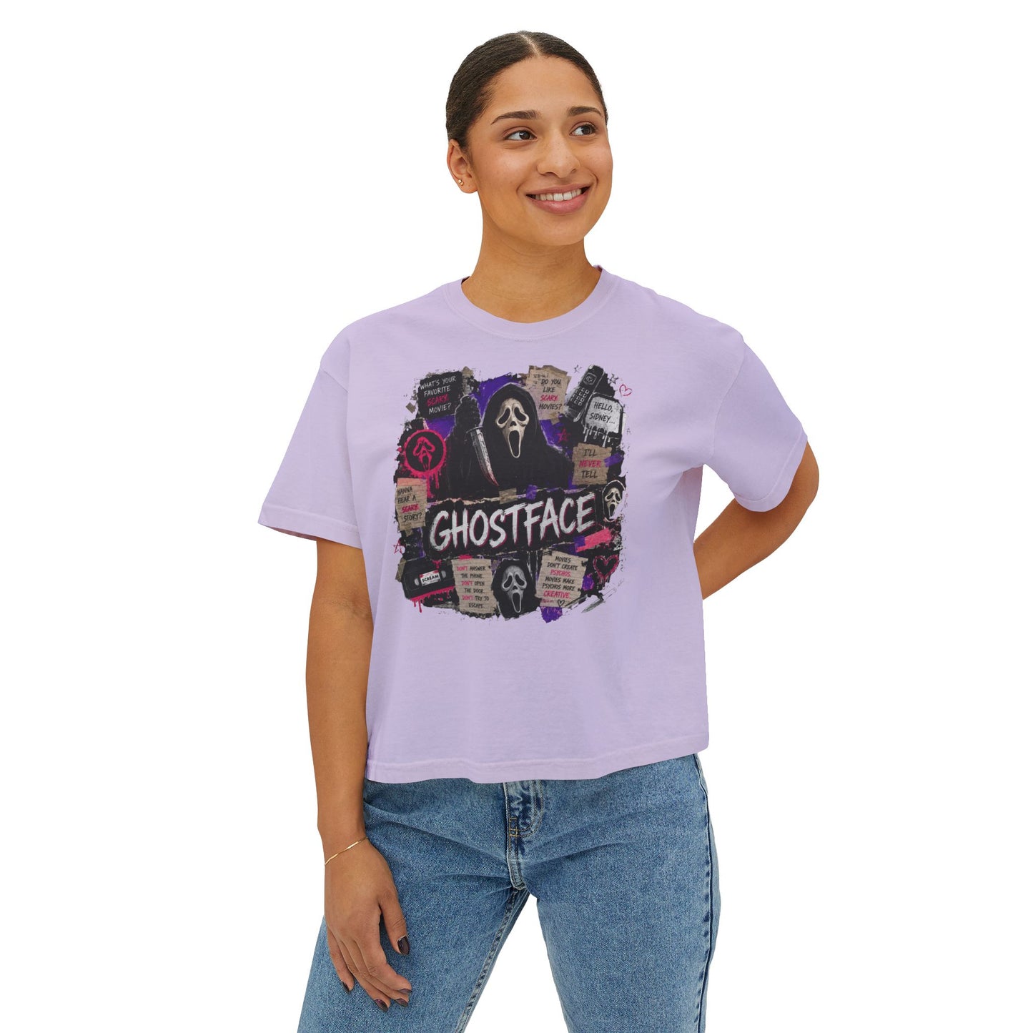 Ghostface Graphic Tee — Retro Horror Scream Face Women's Boxy Shirt