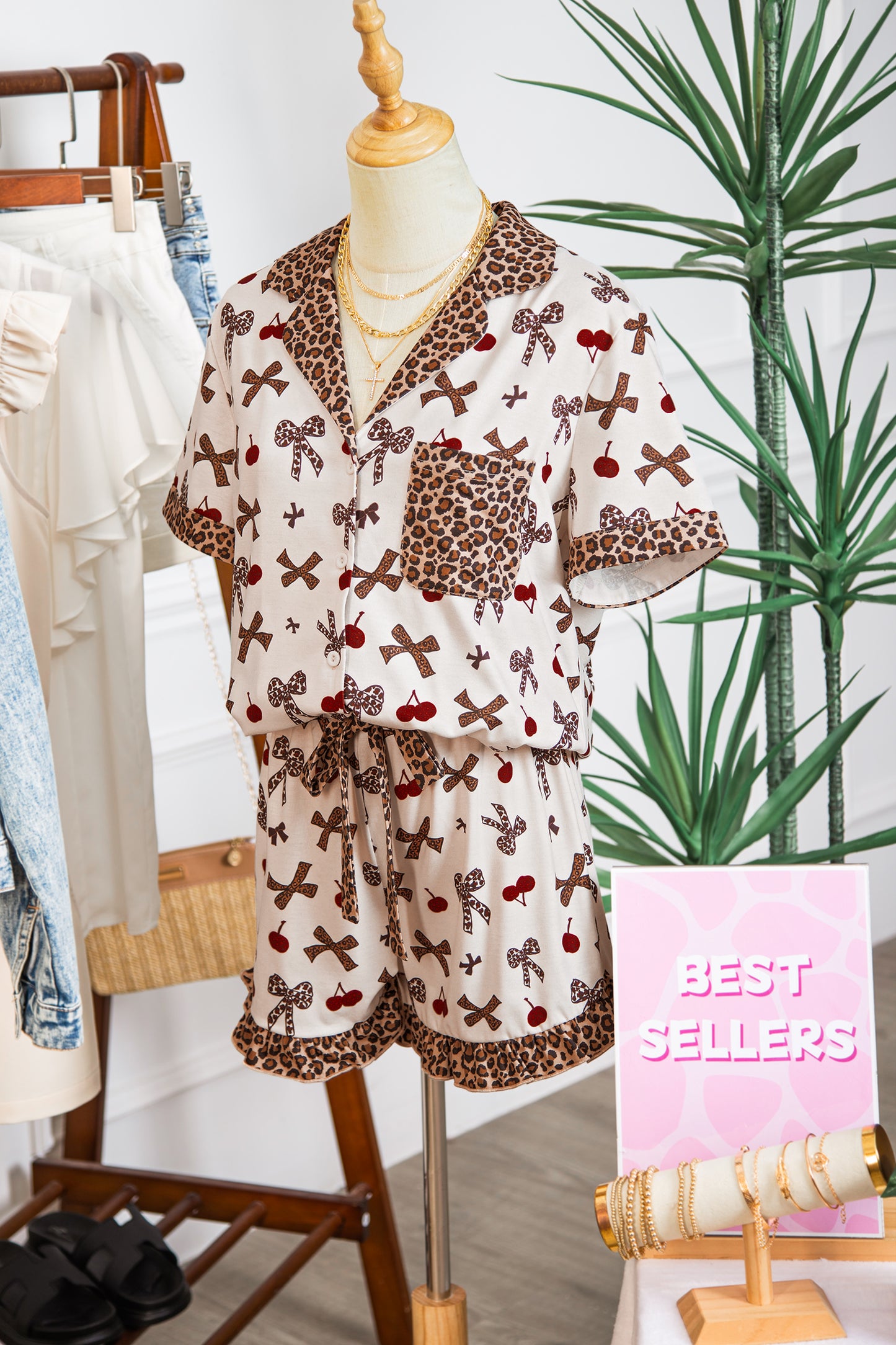 White Chic Bow Cherry Printed Leopard Contrast Patchwork Shirt Drawstring Shorts 2pcs PJ Set