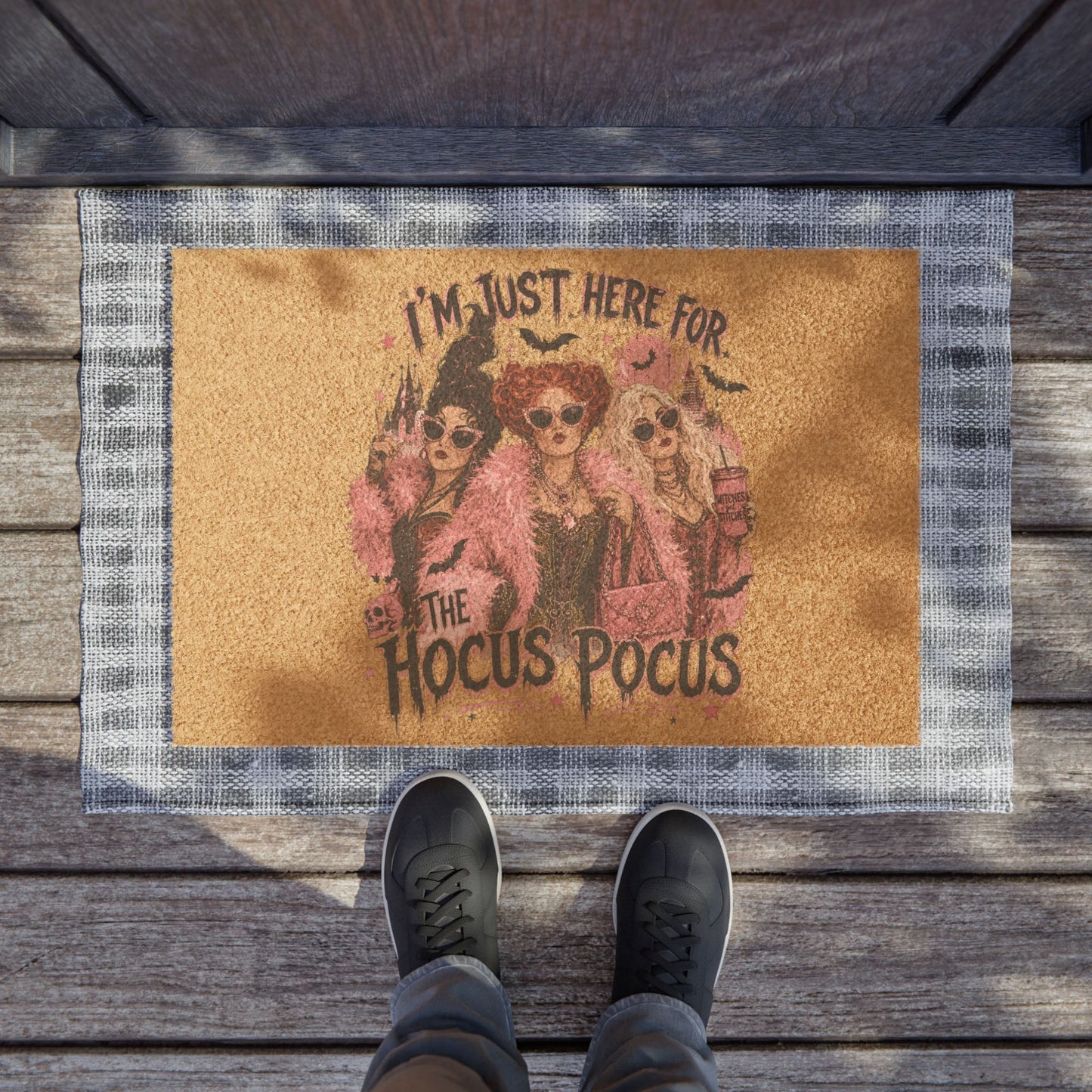 Hocus Pocus Doormat — “I’m Just Here For The Hocus Pocus” Halloween Welcome Mat