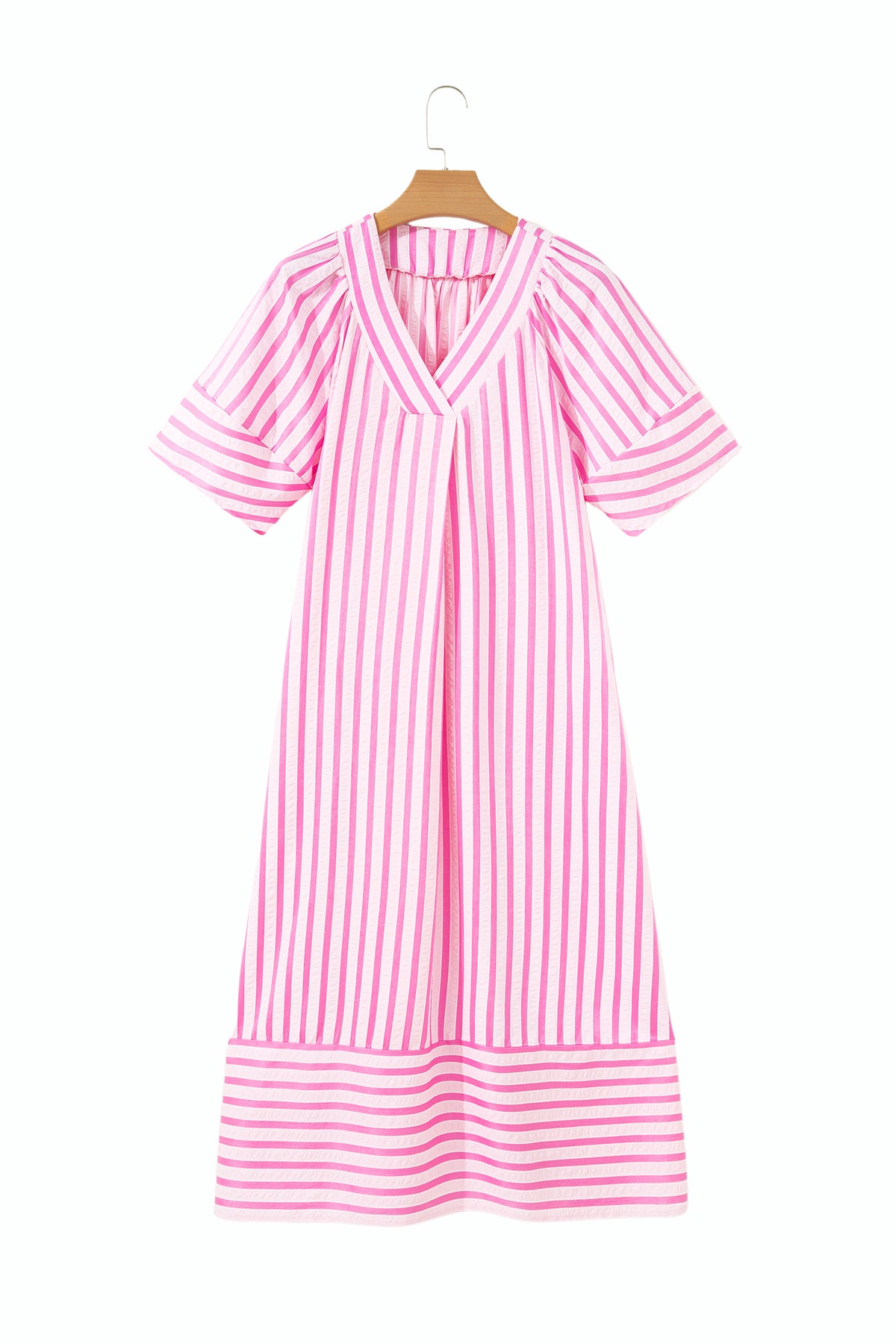 Pink Stripe V Neck Short Sleeve Shift Long Dress