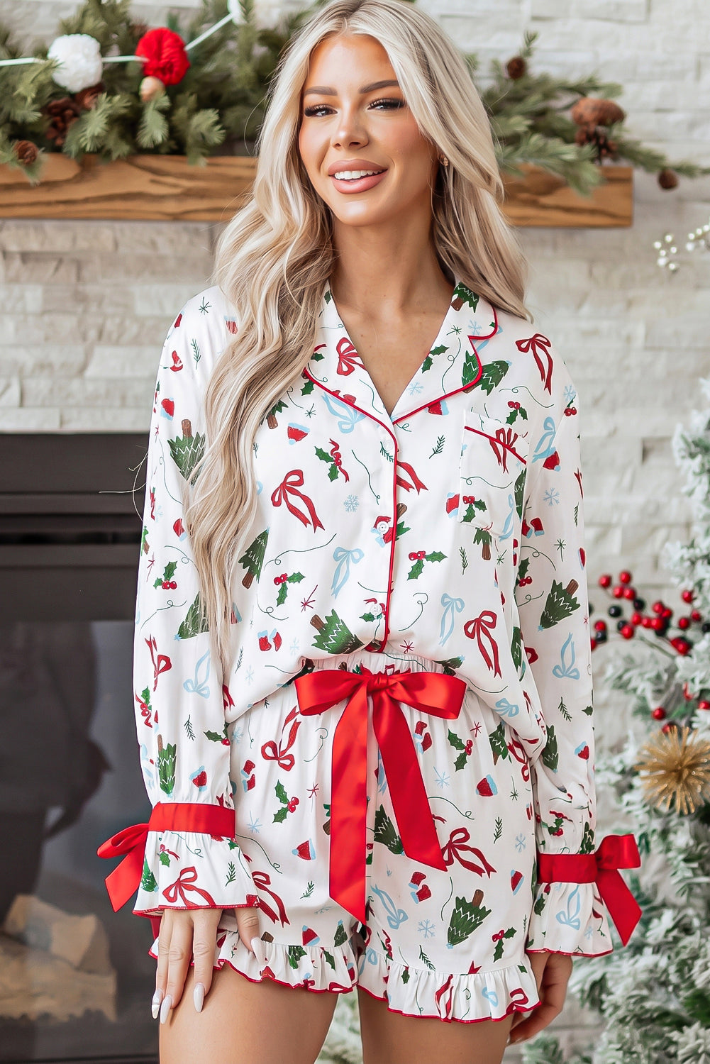 White Christmas Print Ruffle Cuff Lounge Set