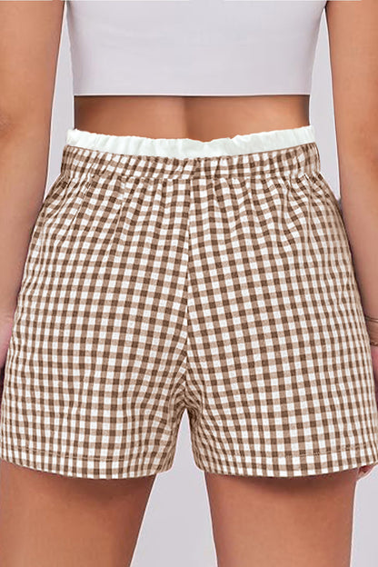 Red Contrast Trim Plaid Print Plus Size Shorts