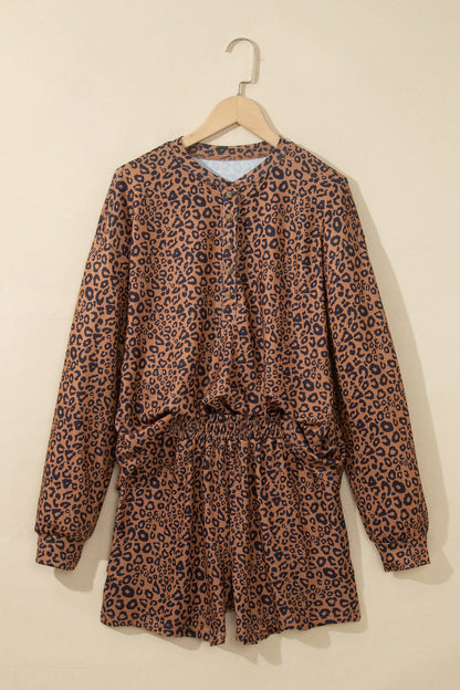 Brown Leopard Print Long Sleeve Henley Top Elastic Waist Shorts 2pcs Outfit
