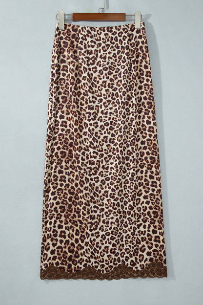 Khaki Cheetah Print Trim Split Long Western Skirt