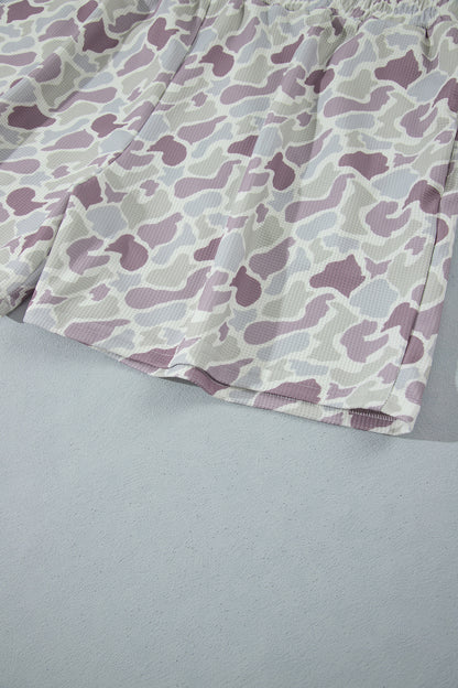 Green Camouflage Print Waffle Textured Pullover and Shorts Plus Size 2pcs Set