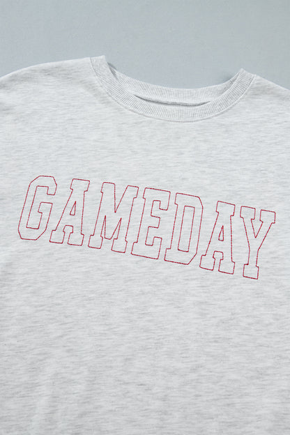 Light Grey Game Day Letter Embroidery Long Sleeve Round Neck Sweatshirt