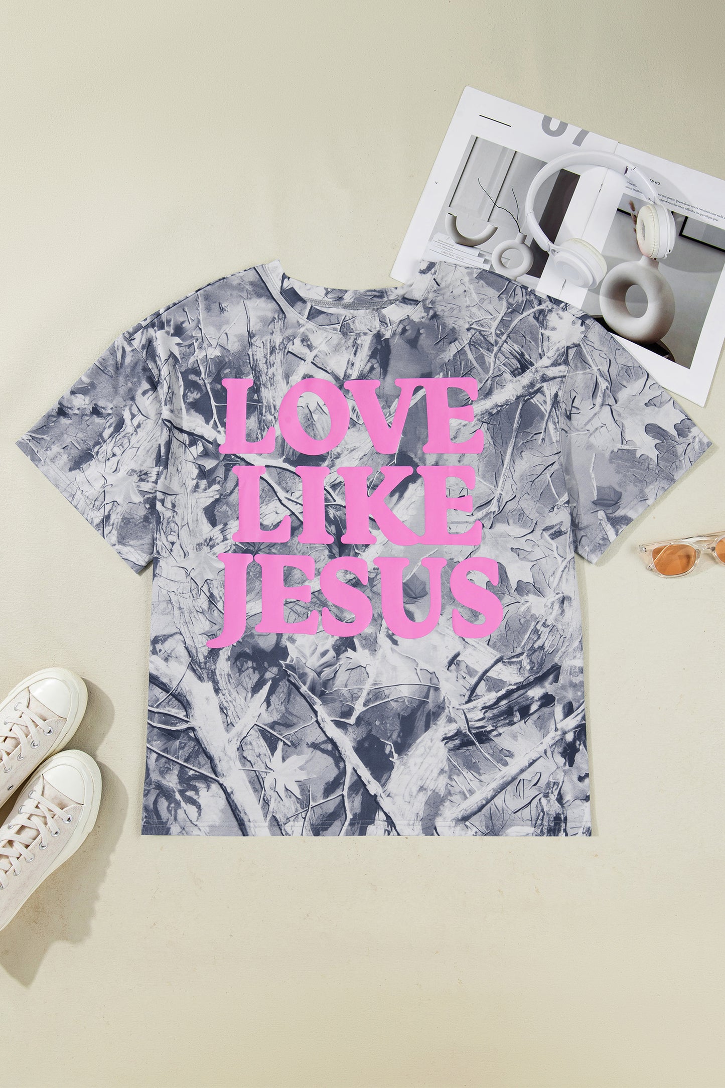 Gray Woodland Camouflage LOVE LIKE JESUS Plus Size T Shirt