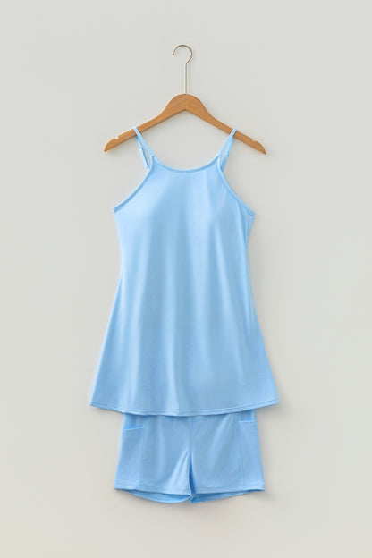 Pink Solid Color Tunic Tank Dress Athletic Shorts Two Piece Set