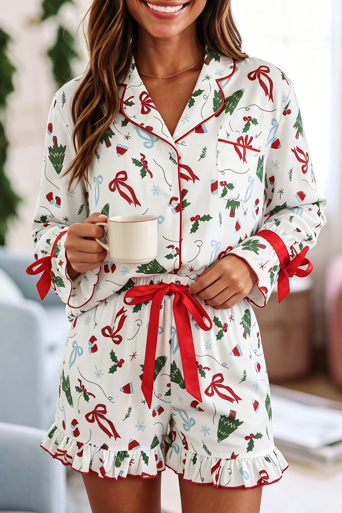 White Christmas Print Ruffle Cuff Lounge Set
