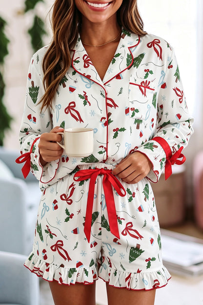 White Christmas Print Ruffle Cuff Lounge Set