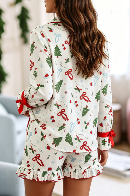 White Christmas Print Ruffle Cuff Lounge Set