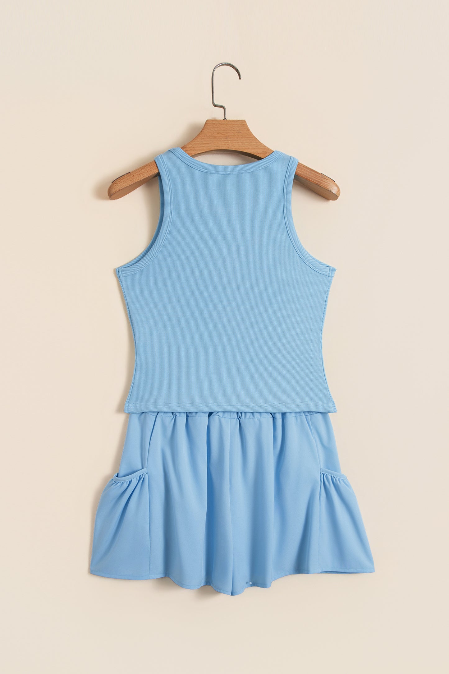Dark Blue Ribbed Slim Tank Pocketed Wide Leg Shorts Set