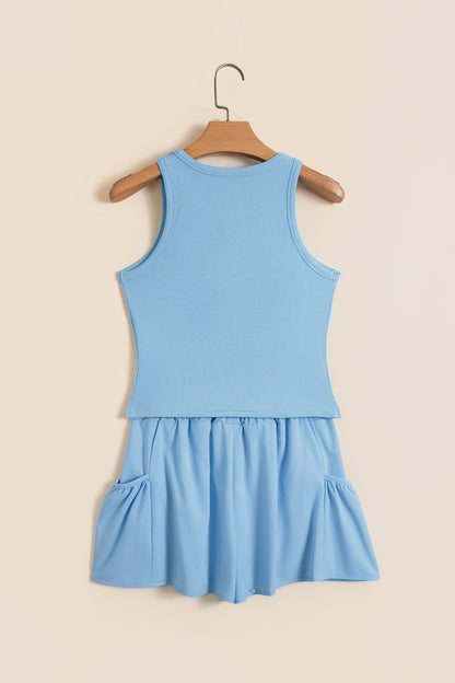 Dark Blue Ribbed Slim Tank Pocketed Wide Leg Shorts Set