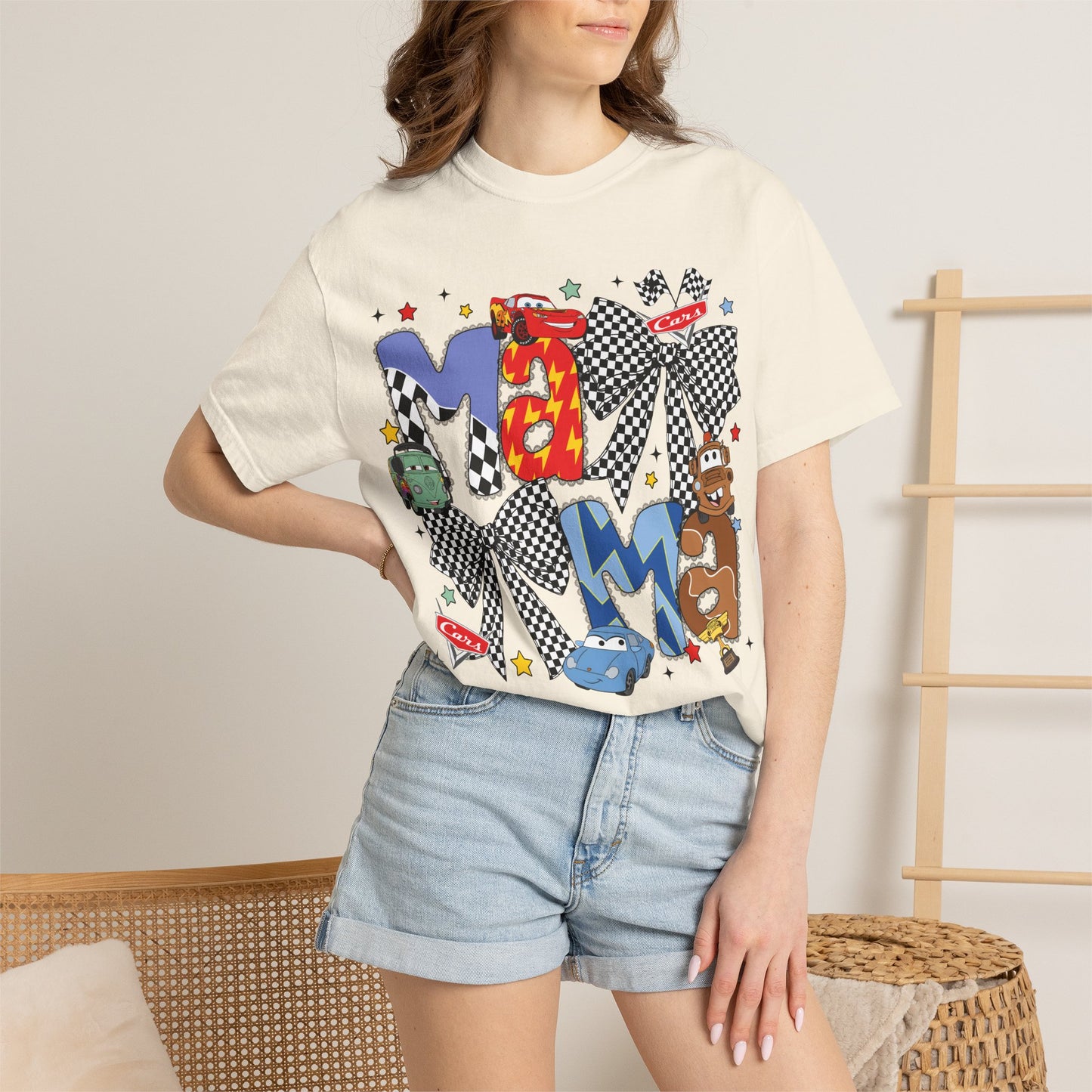Graphic Tee — Playful 'MAMA' Cartoon Letter Shirt with Checkerboard Bows