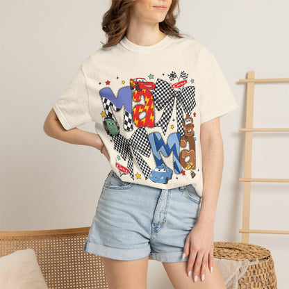 Graphic Tee — Playful 'MAMA' Cartoon Letter Shirt with Checkerboard Bows