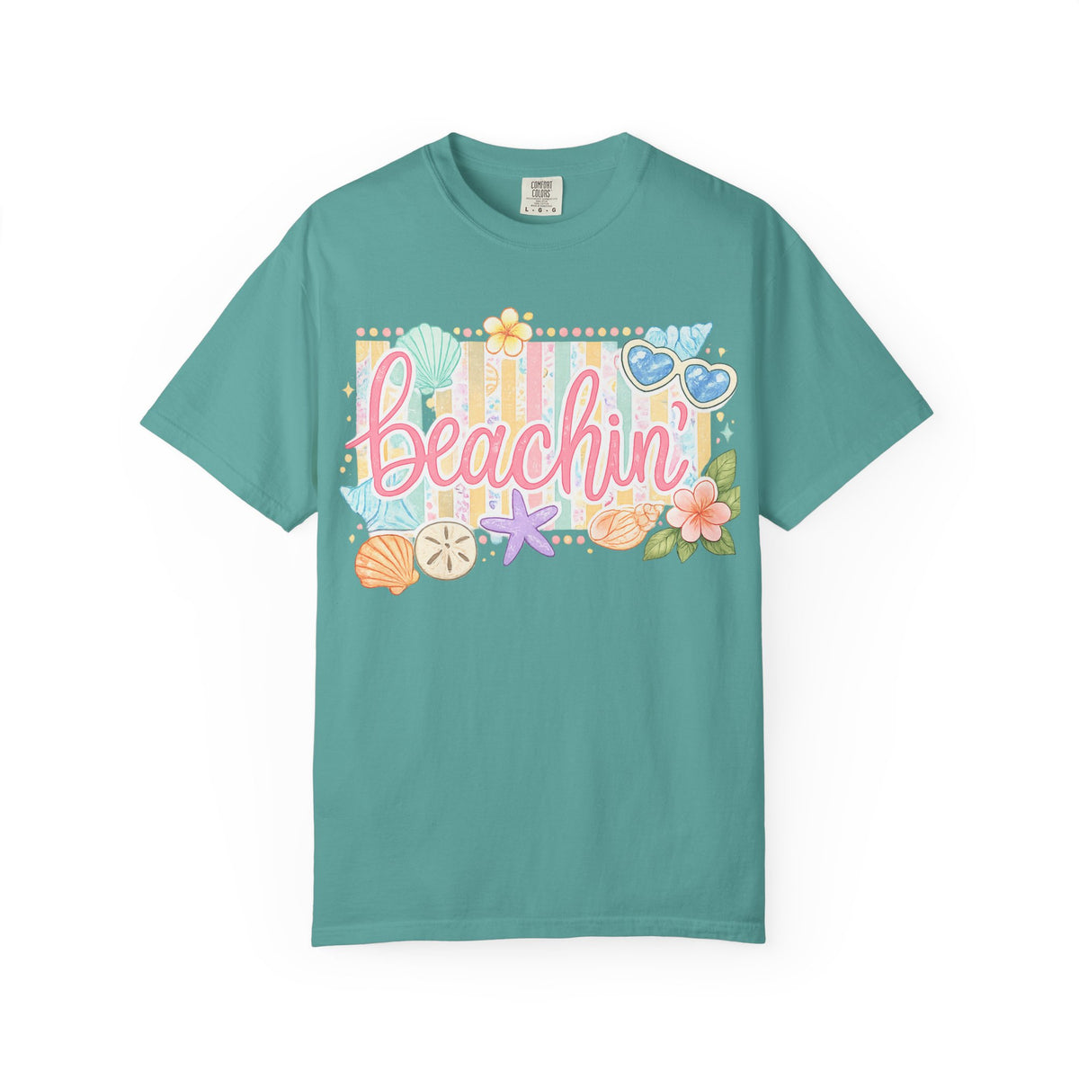 Beachin' T-Shirt — Tropical Summer Graphic Tee with Seashells & Sunglasses