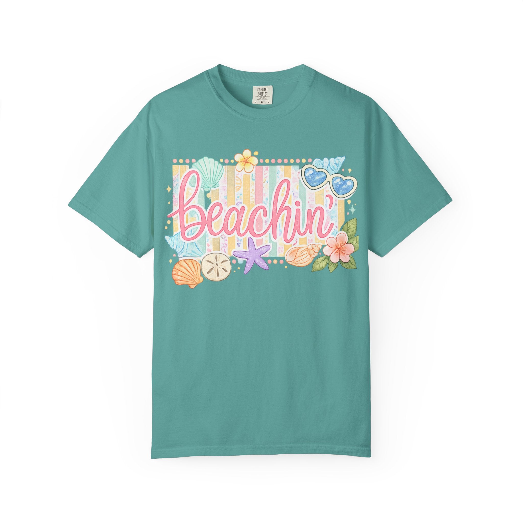 Beachin' T-Shirt — Tropical Summer Graphic Tee with Seashells & Sunglasses