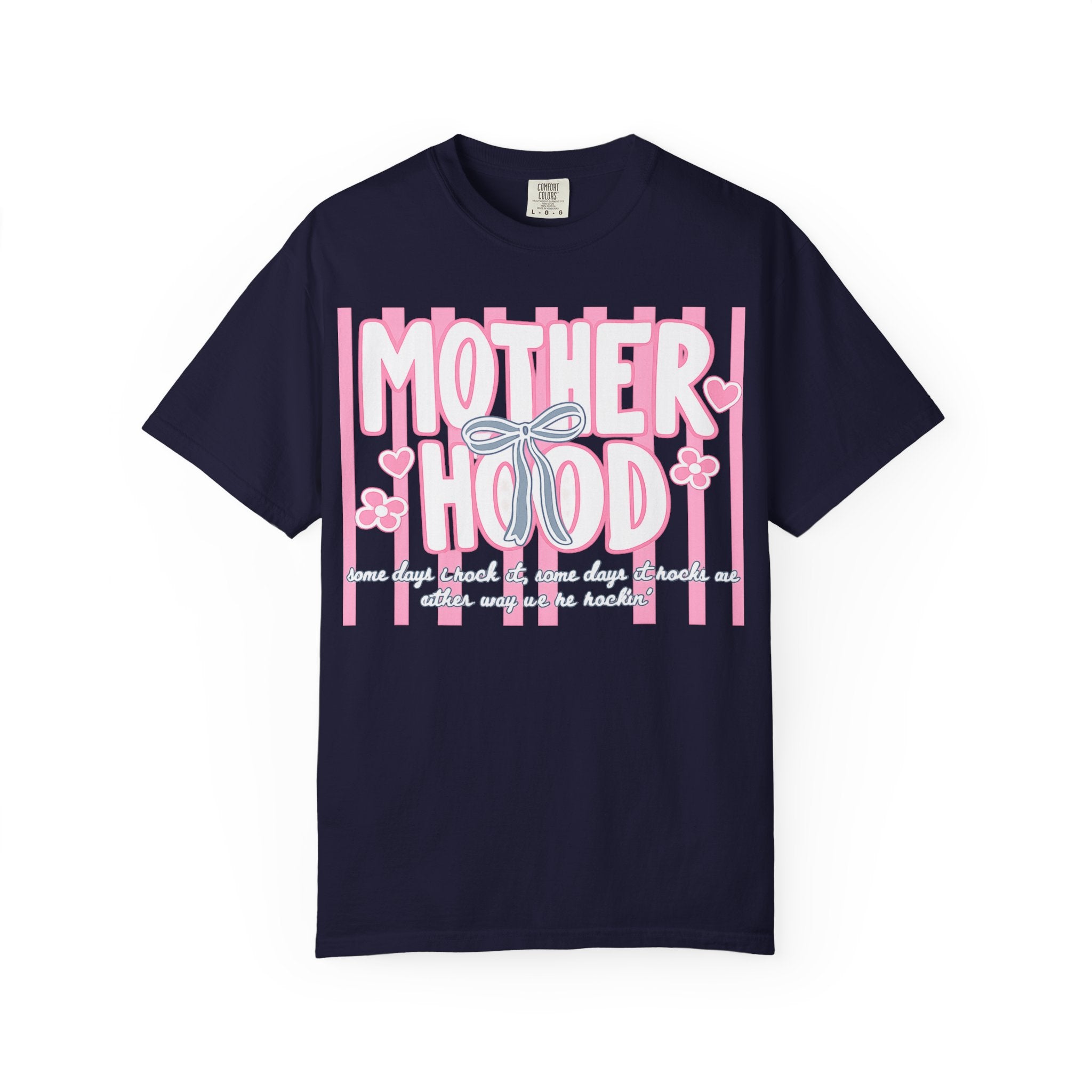 Motherhood Graphic T-Shirt — Pink Striped Mom Shirt ("MOTHERHOOD")
