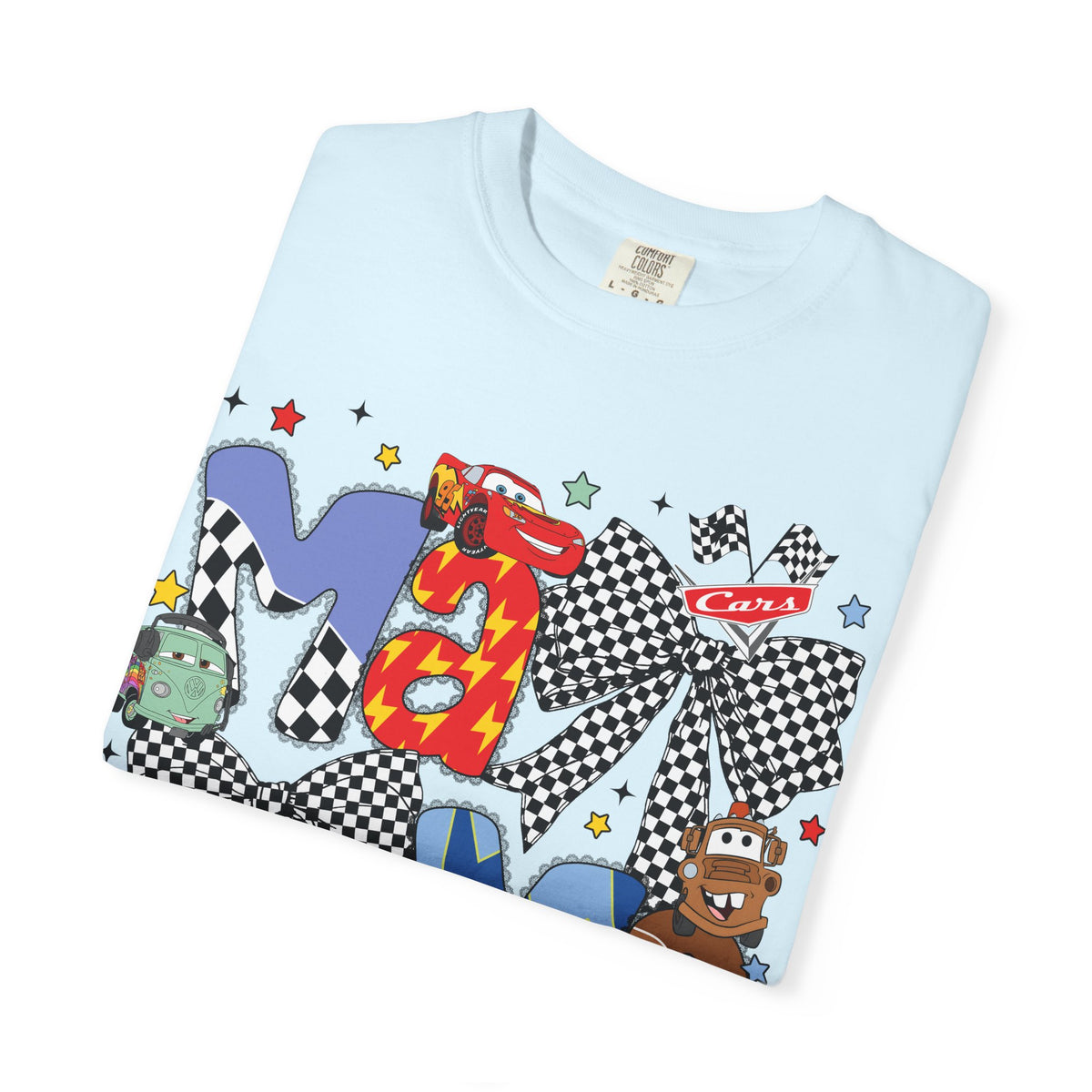 Graphic Tee — Playful 'MAMA' Cartoon Letter Shirt with Checkerboard Bows