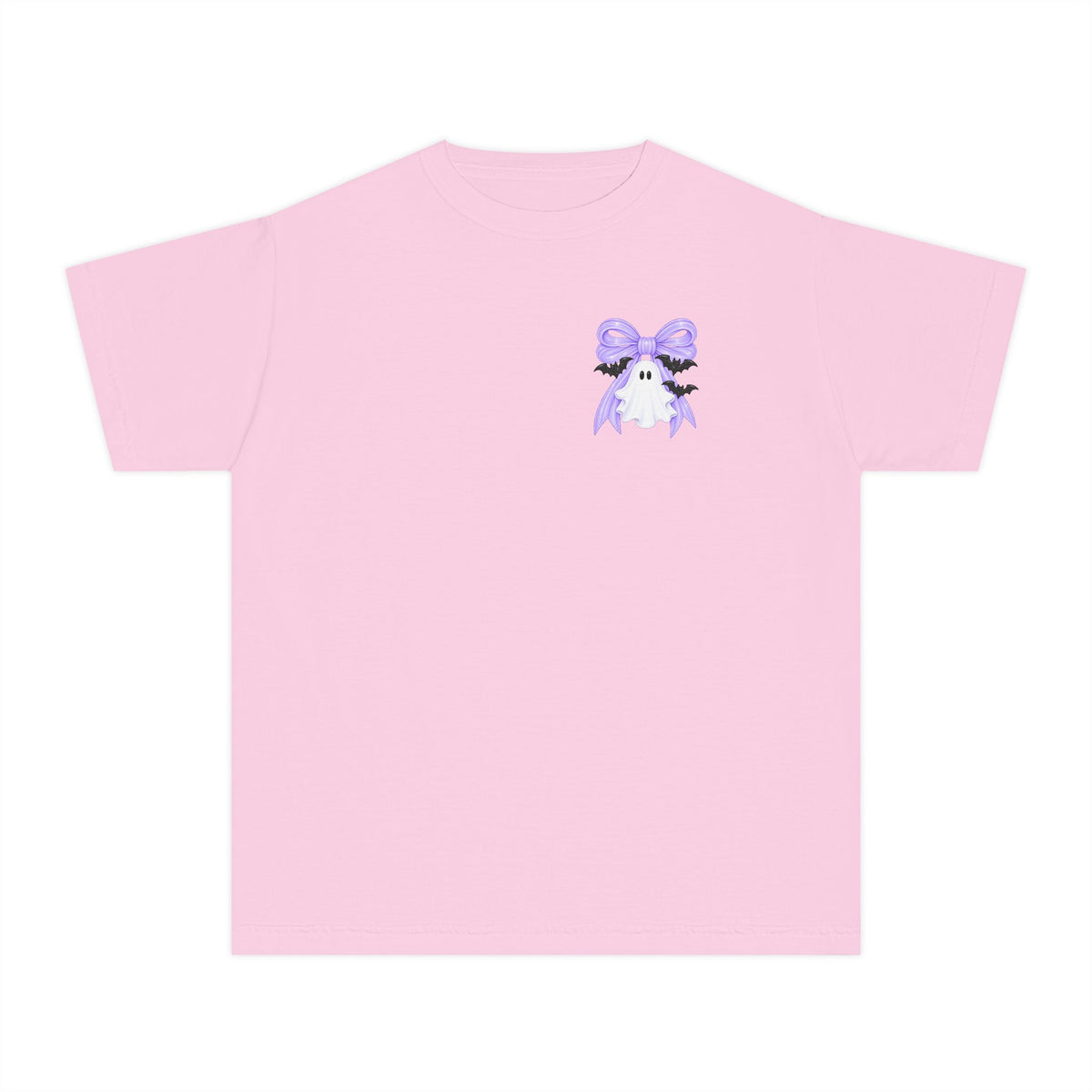 Youth Tee — "Spook Season" Ghost Wreath Halloween Shirt (Purple Bow)