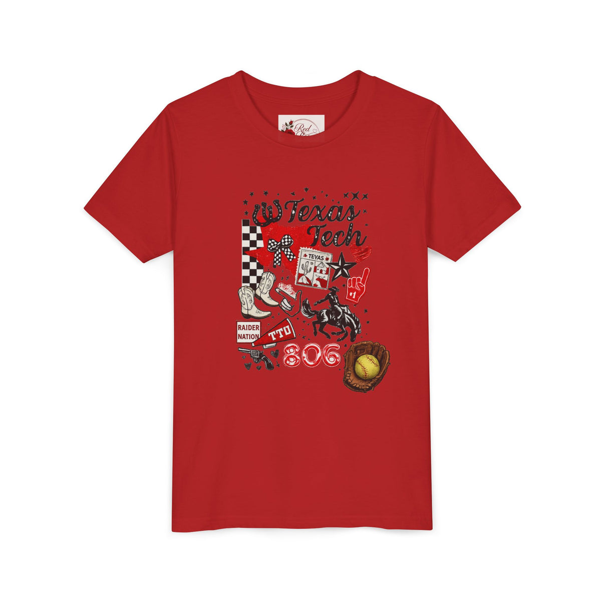 Texas Tech Youth T‑Shirt — 806 Cowboy Collage Design