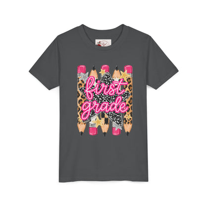 First Grade Youth Tee — Leopard Pencil Back to School Shirt
