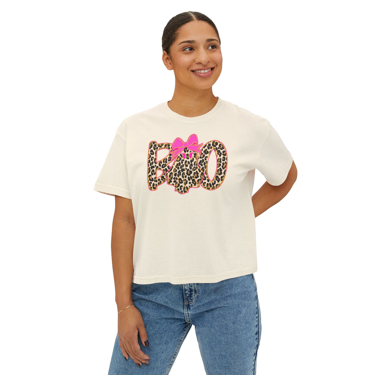 Leopard 'Boo' Halloween Women's Boxy Tee — Cute Pink Bow Spooky Graphic Shirt