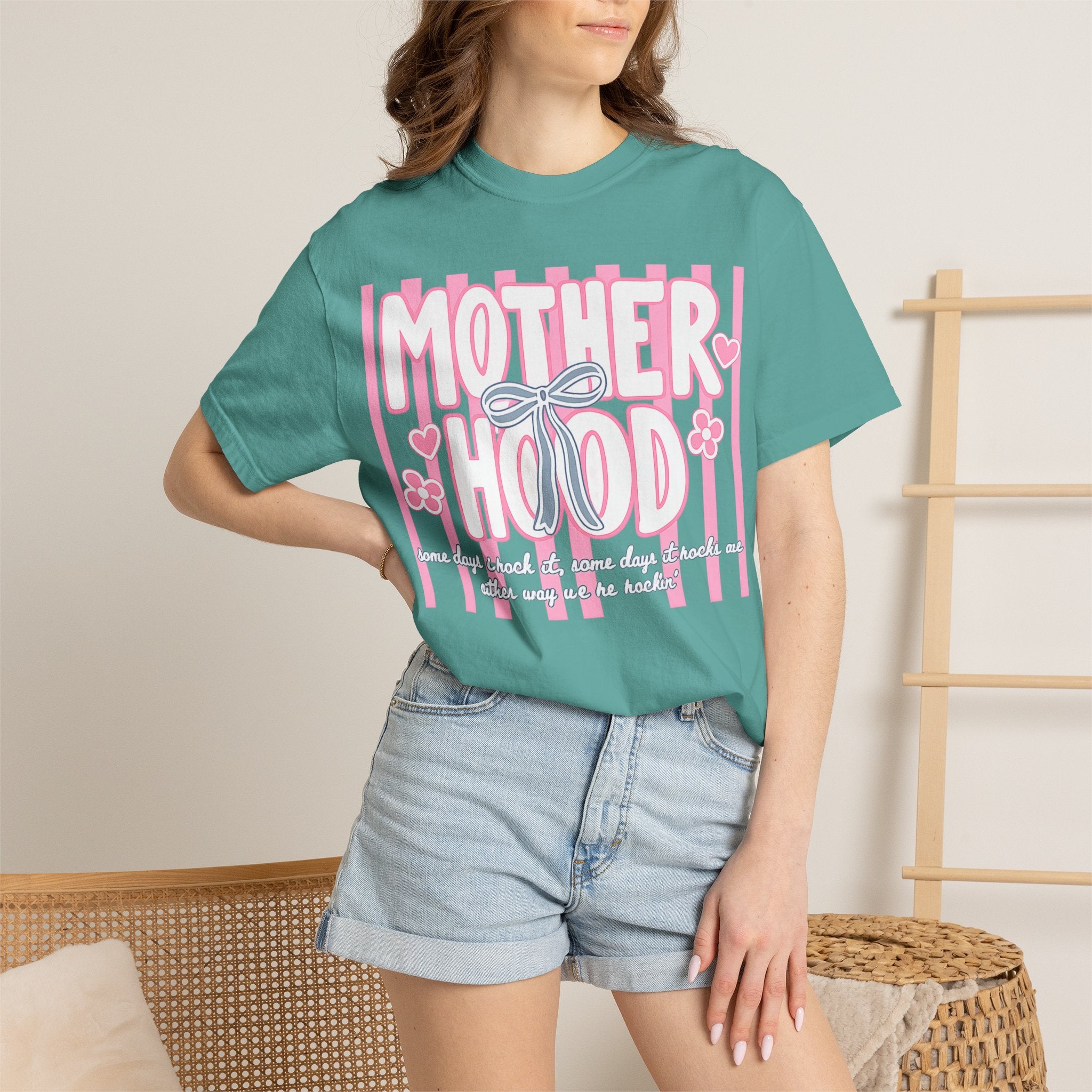 Motherhood Graphic T-Shirt — Pink Striped Mom Shirt ("MOTHERHOOD")