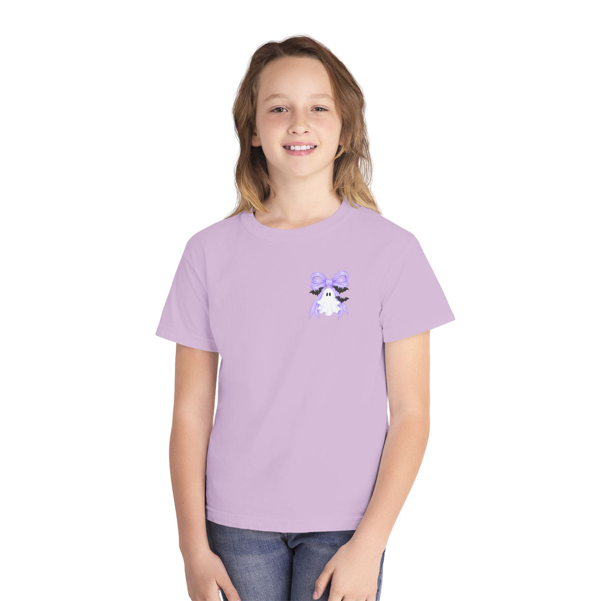 Youth Tee — "Spook Season" Ghost Wreath Halloween Shirt (Purple Bow)