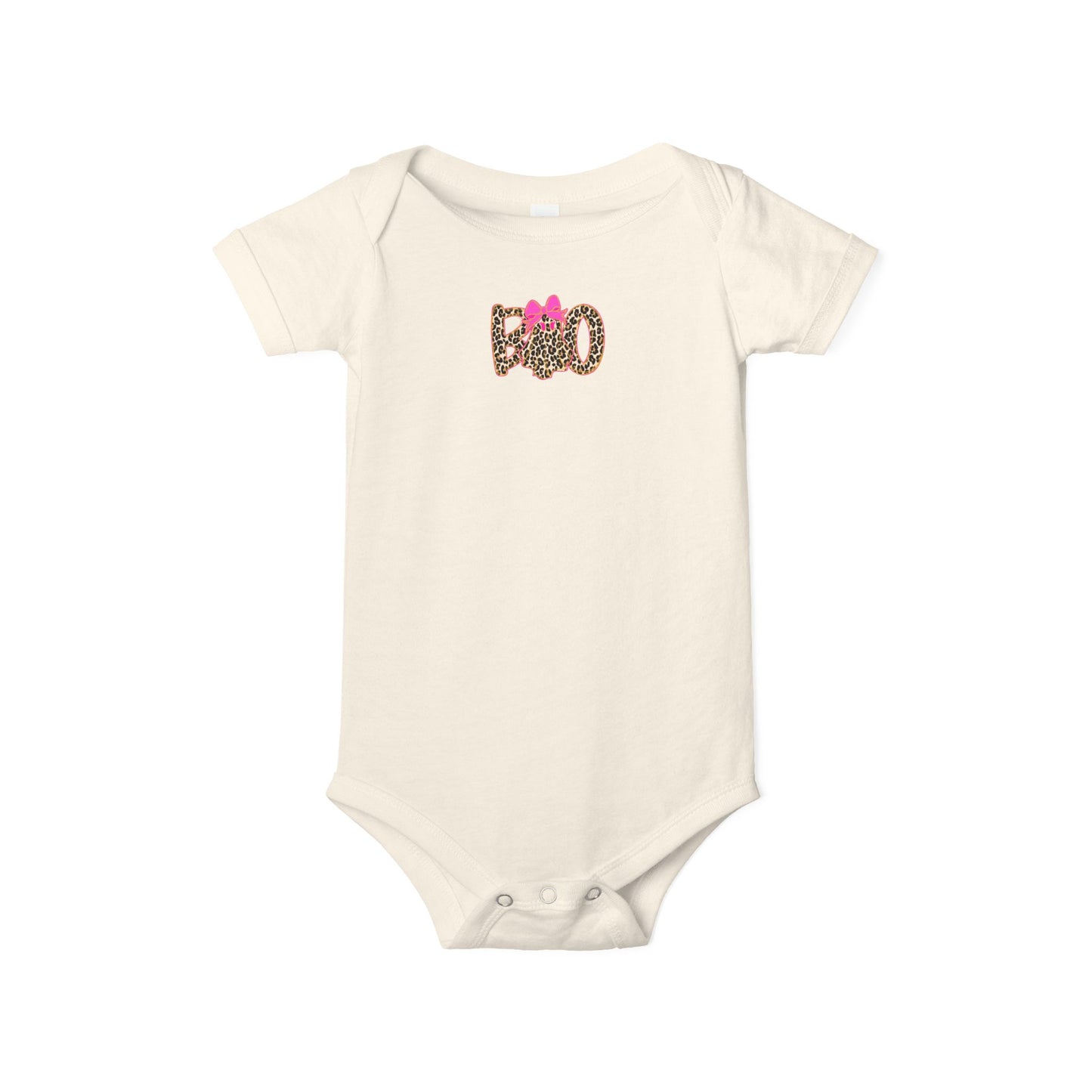 Infant One-Piece Bodysuit – Leopard 'Boo' with Pink Bow Baby Halloween Outfit