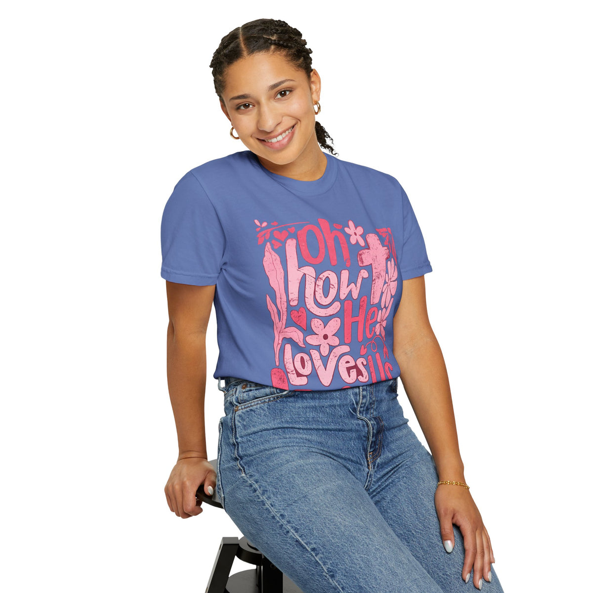 Oh How He Loves Us T-Shirt — Pink Floral Christian Tee (Ephesians 2:4-8)
