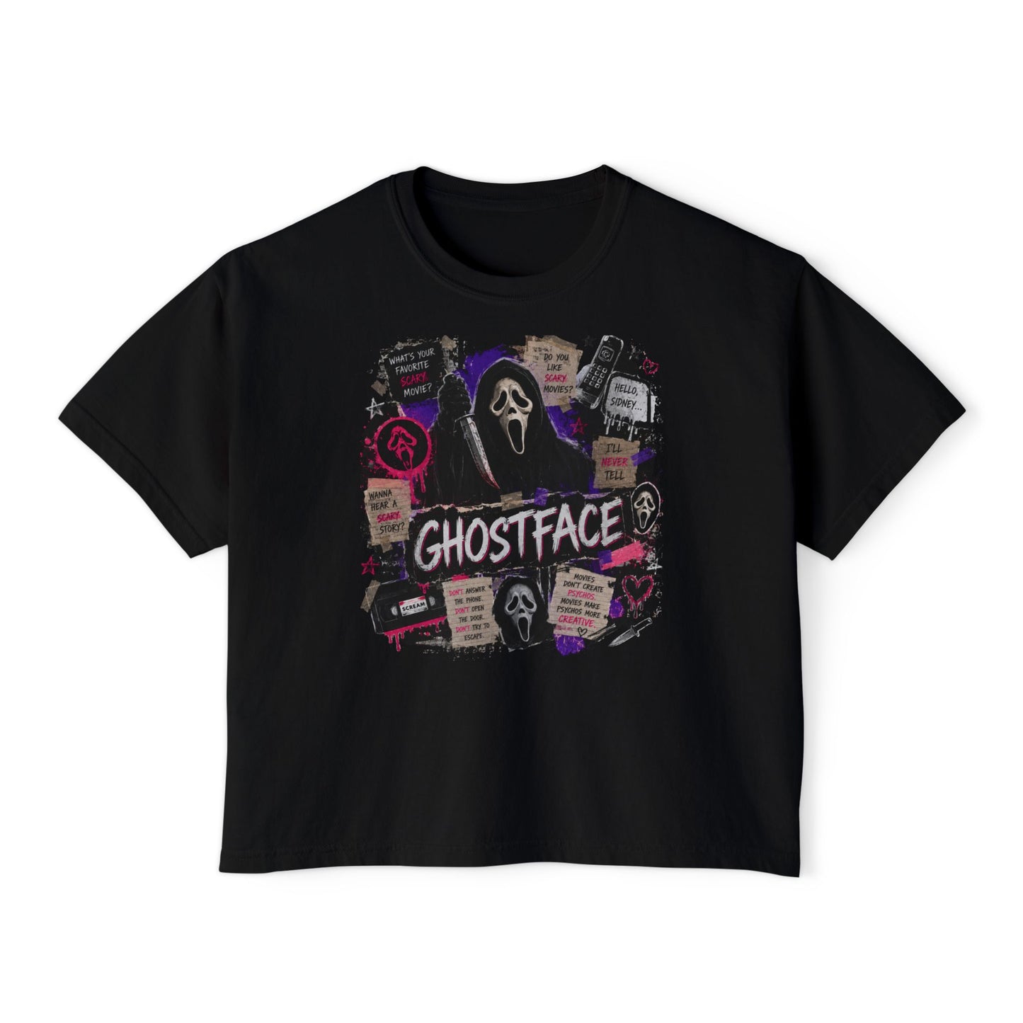 Ghostface Graphic Tee — Retro Horror Scream Face Women's Boxy Shirt