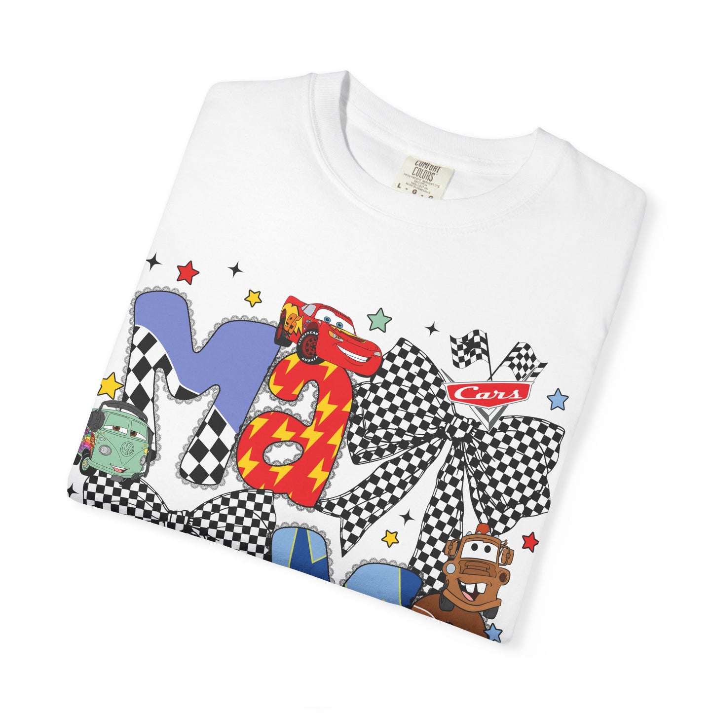 Graphic Tee — Playful 'MAMA' Cartoon Letter Shirt with Checkerboard Bows