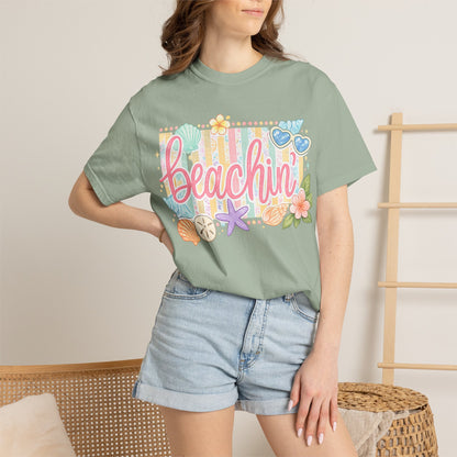 Beachin' T-Shirt — Tropical Summer Graphic Tee with Seashells & Sunglasses