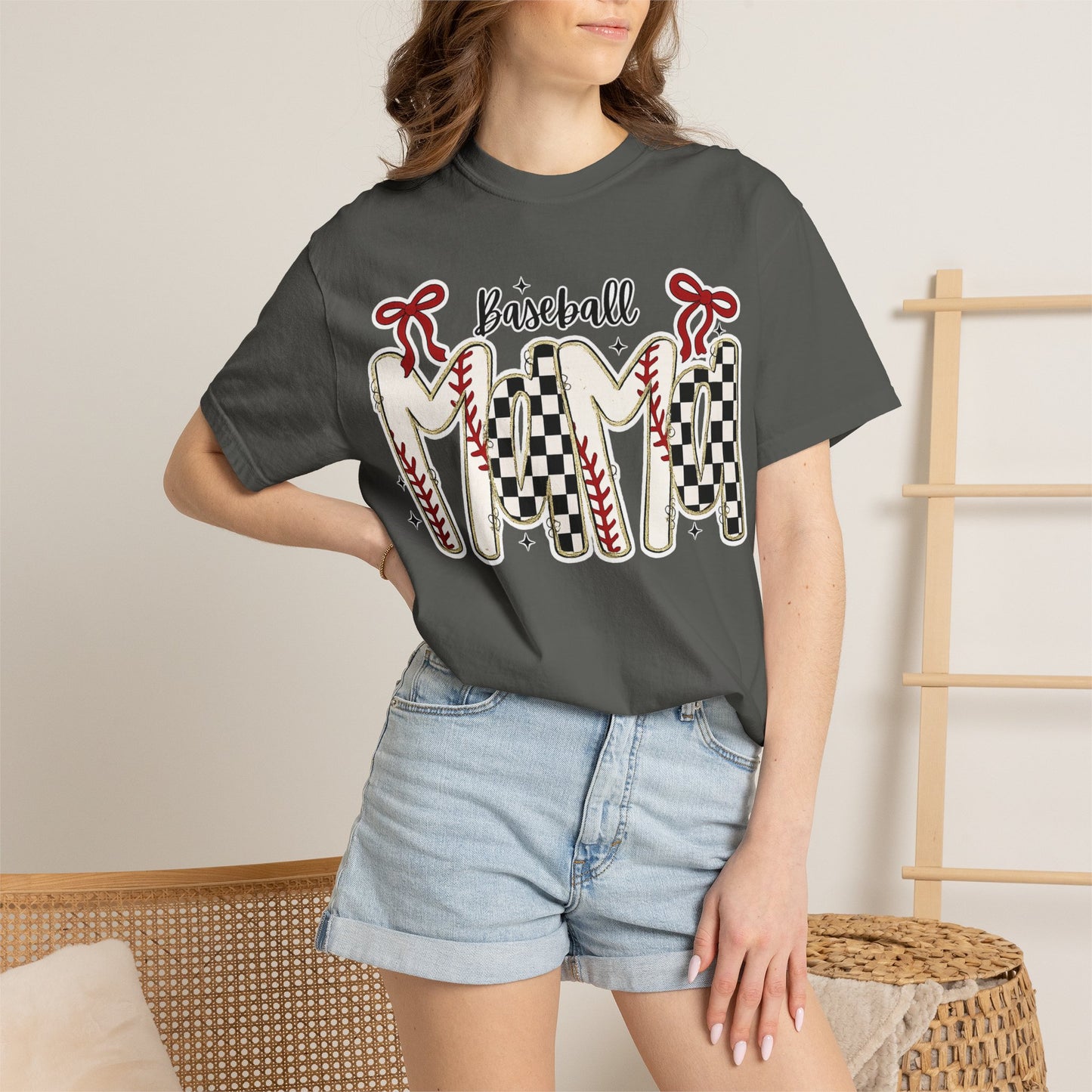 Baseball Mom T-Shirt — Vintage Checker & Stitch Graphic