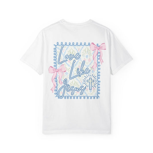T-shirt — "Love Like Jesus" Pastel Cross & Bow Graphic