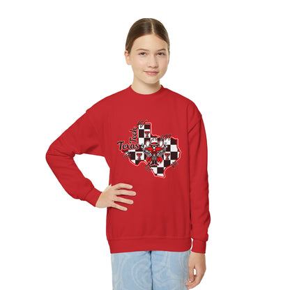 Texas Checkerboard Youth Crewneck Sweatshirt — Red & Black State Graphic