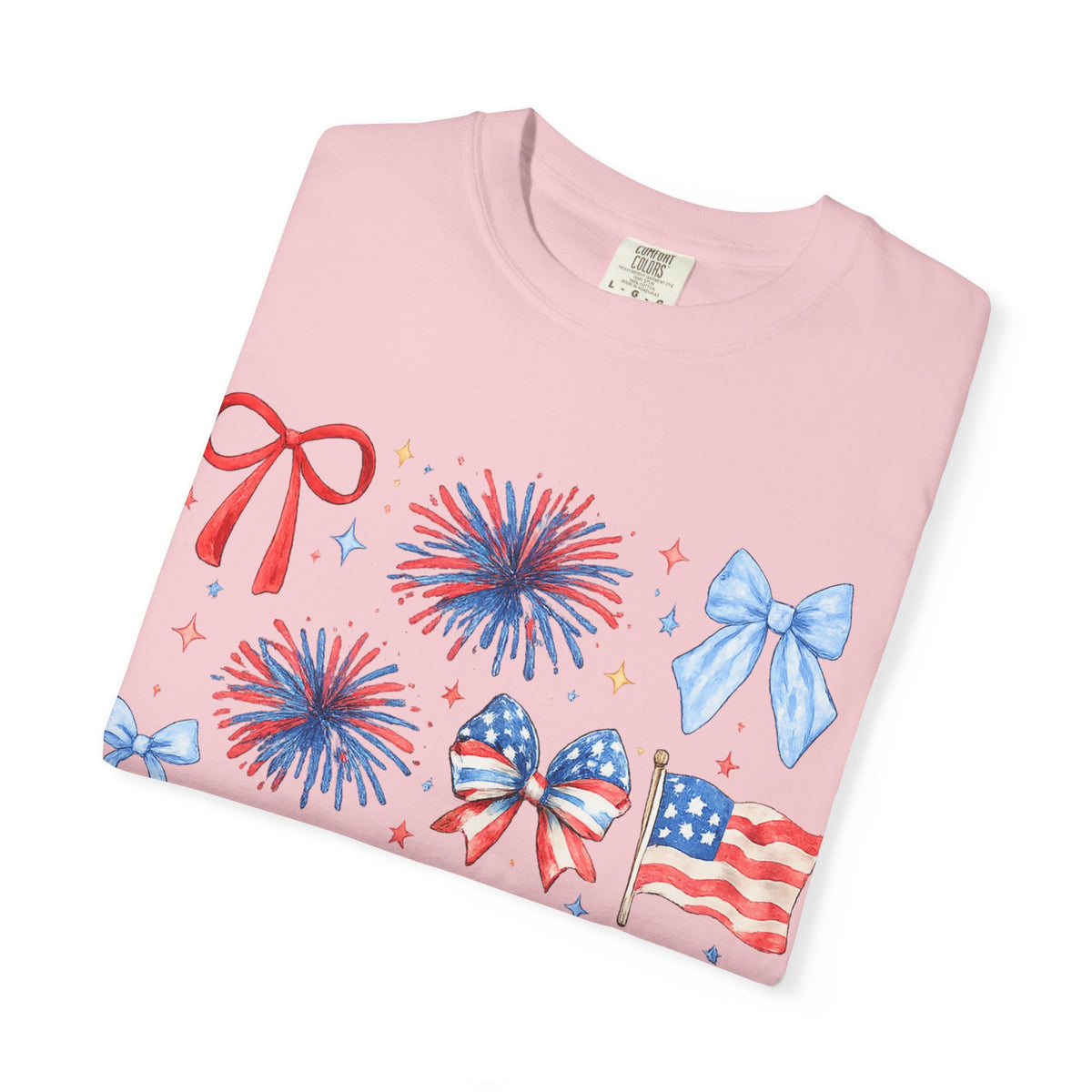 Patriotic Bows & Fireworks T-Shirt — 4th of July American Flag Graphic Tee