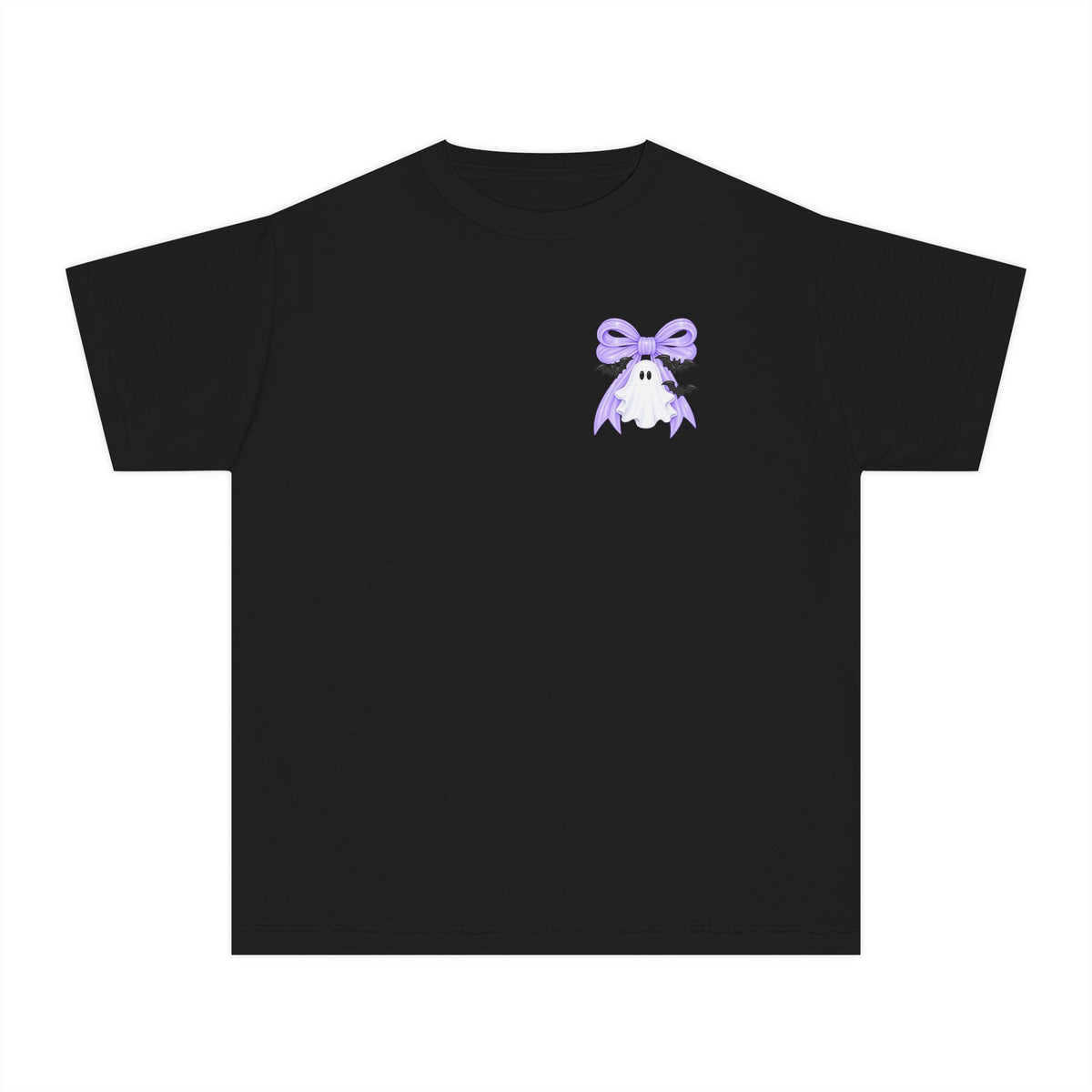 Youth Tee — "Spook Season" Ghost Wreath Halloween Shirt (Purple Bow)