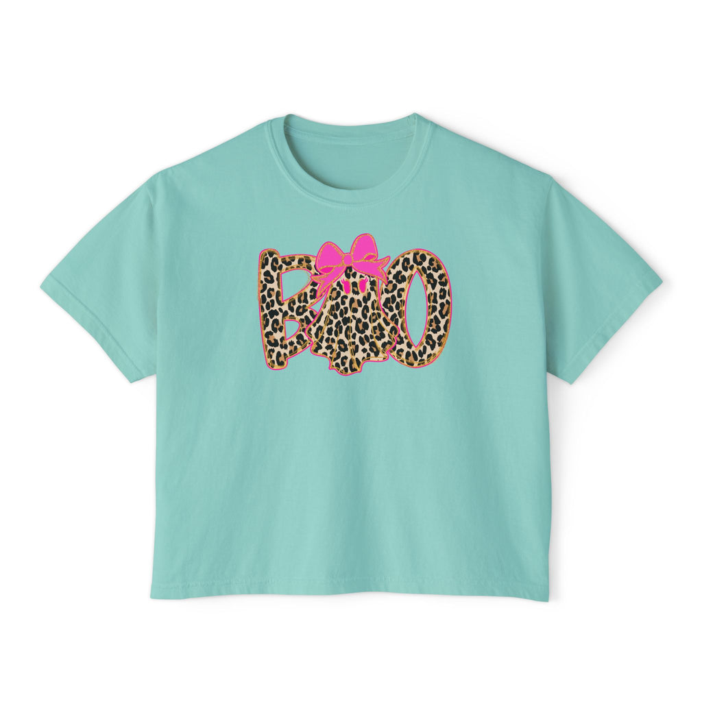 Leopard 'Boo' Halloween Women's Boxy Tee — Cute Pink Bow Spooky Graphic Shirt