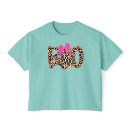 Leopard 'Boo' Halloween Women's Boxy Tee — Cute Pink Bow Spooky Graphic Shirt