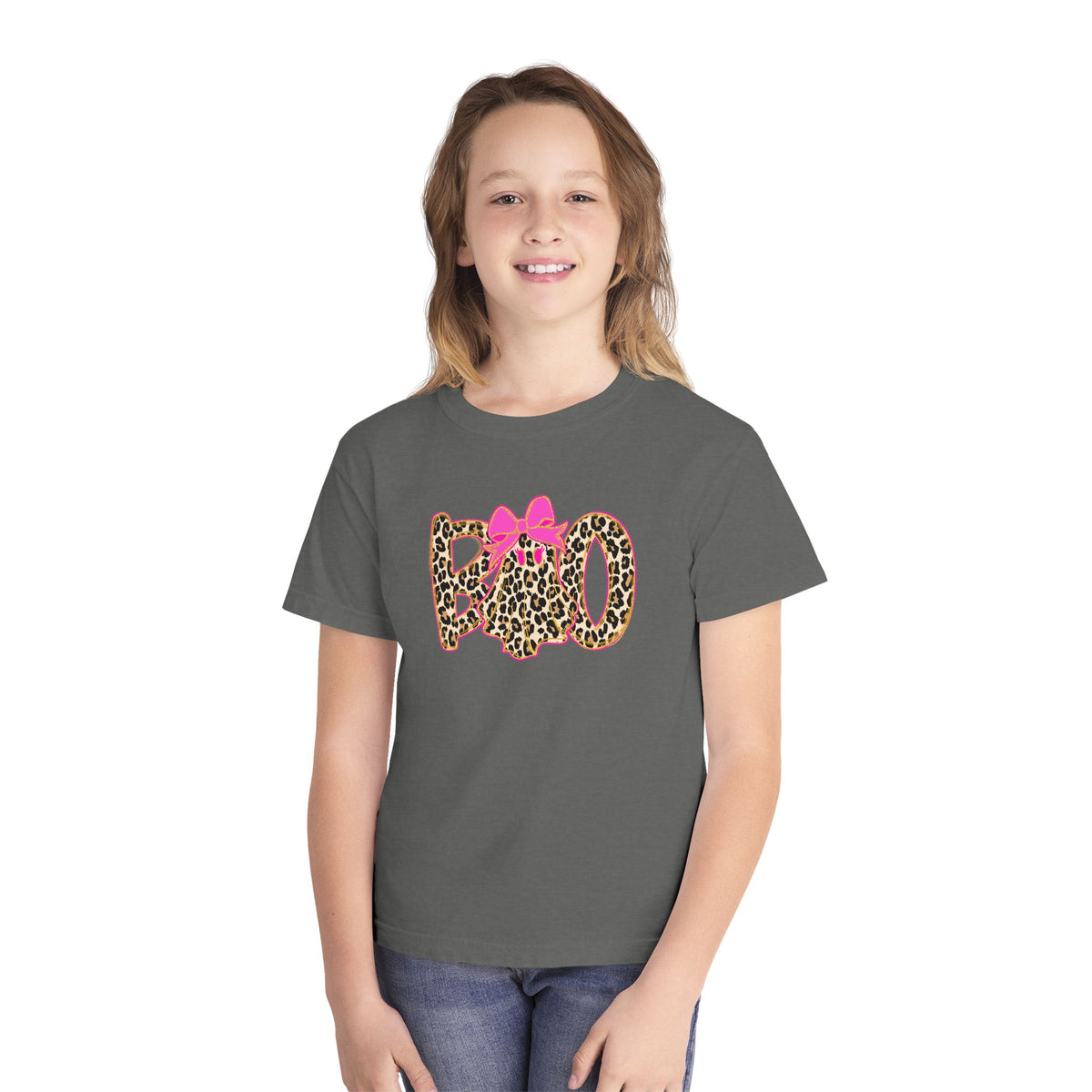 Kids Halloween Tee - Leopard Print 'BOO' with Pink Bow
