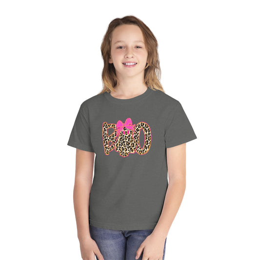 Kids Halloween Tee - Leopard Print 'BOO' with Pink Bow