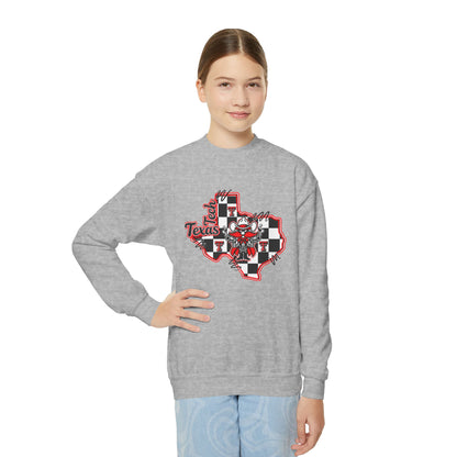 Texas Checkerboard Youth Crewneck Sweatshirt — Red & Black State Graphic
