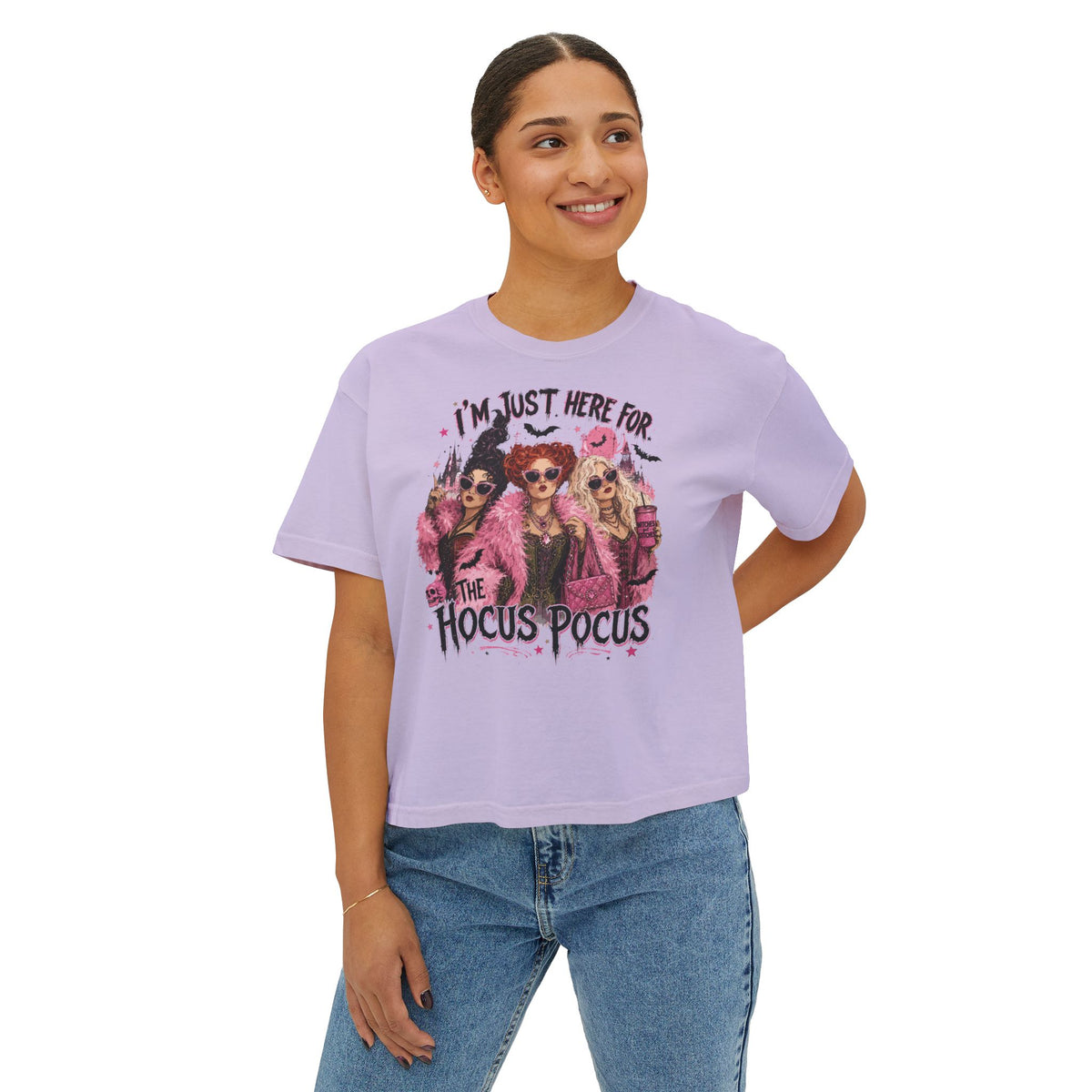 Hocus Pocus Women's Boxy Tee — "I'm Just Here for the Hocus Pocus" Halloween Shirt