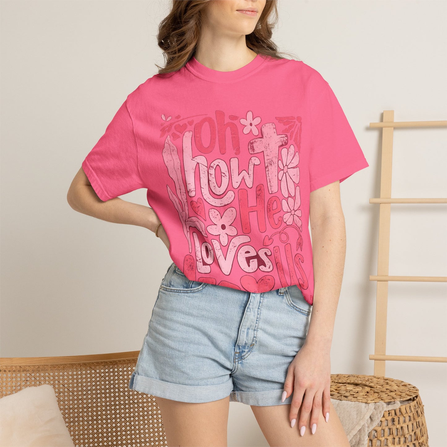 Oh How He Loves Us T-Shirt — Pink Floral Christian Tee (Ephesians 2:4-8)