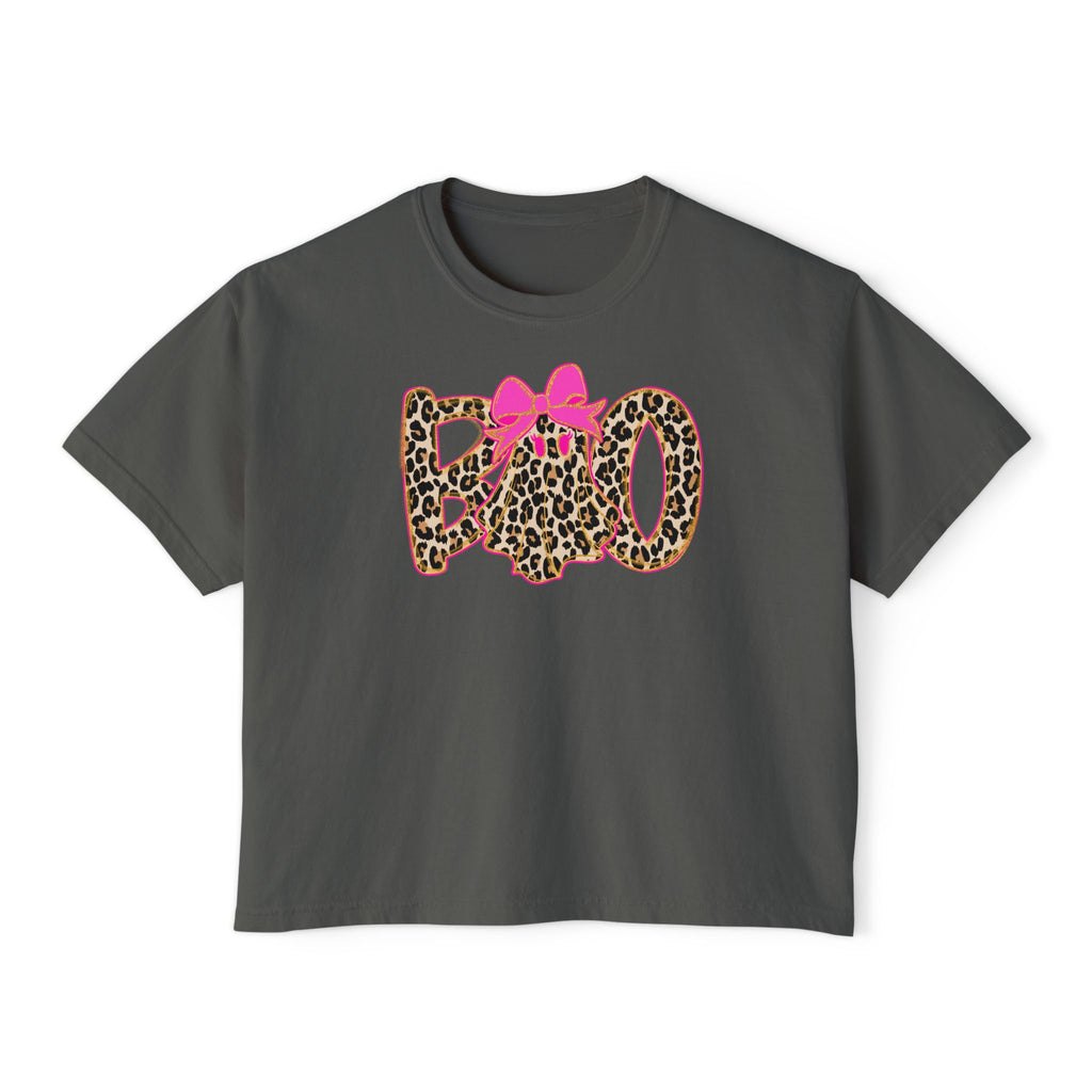 Leopard 'Boo' Halloween Women's Boxy Tee — Cute Pink Bow Spooky Graphic Shirt