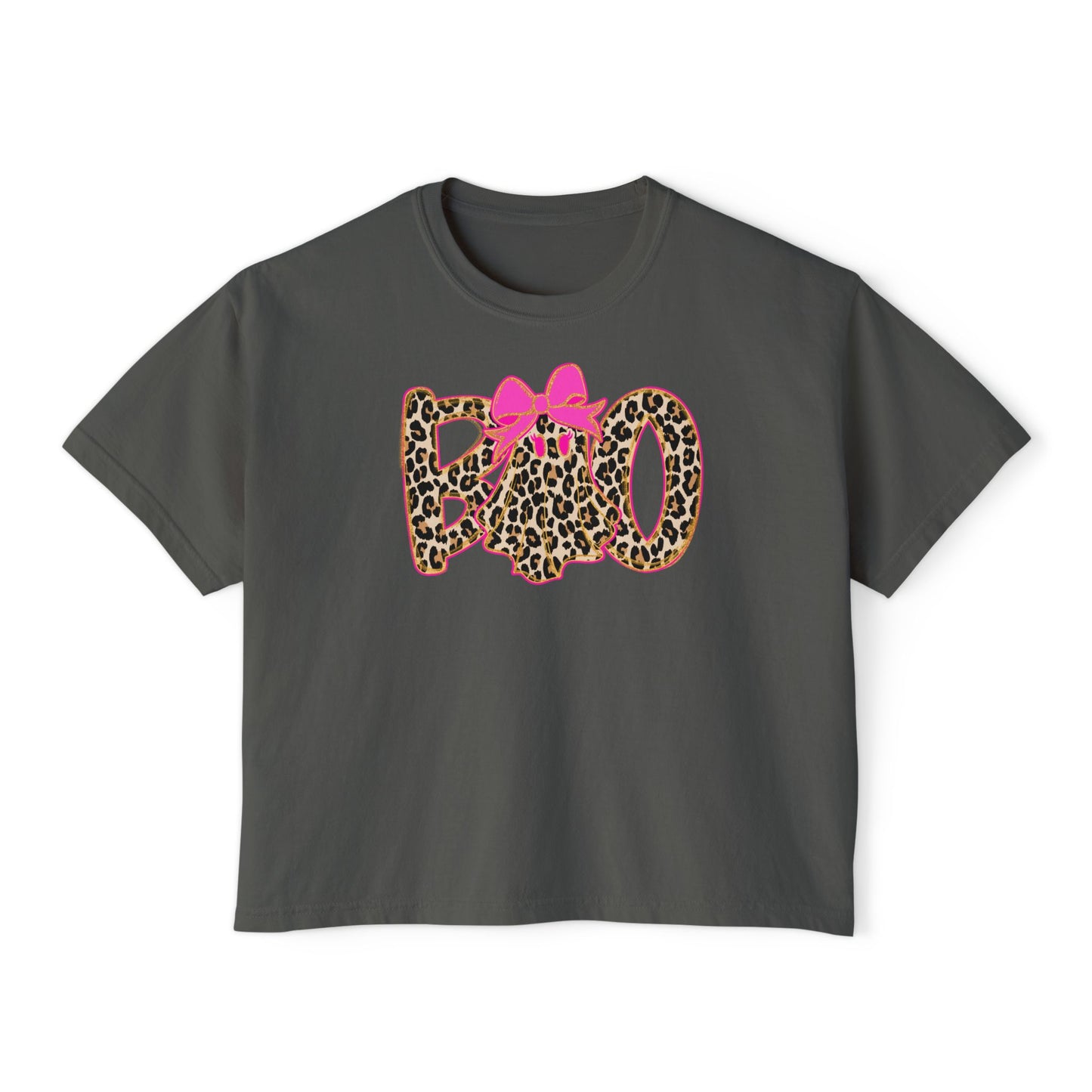 Leopard 'Boo' Halloween Women's Boxy Tee — Cute Pink Bow Spooky Graphic Shirt